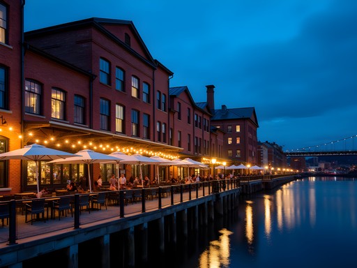 Evening view of Yonkers waterfront with shops and restaurants