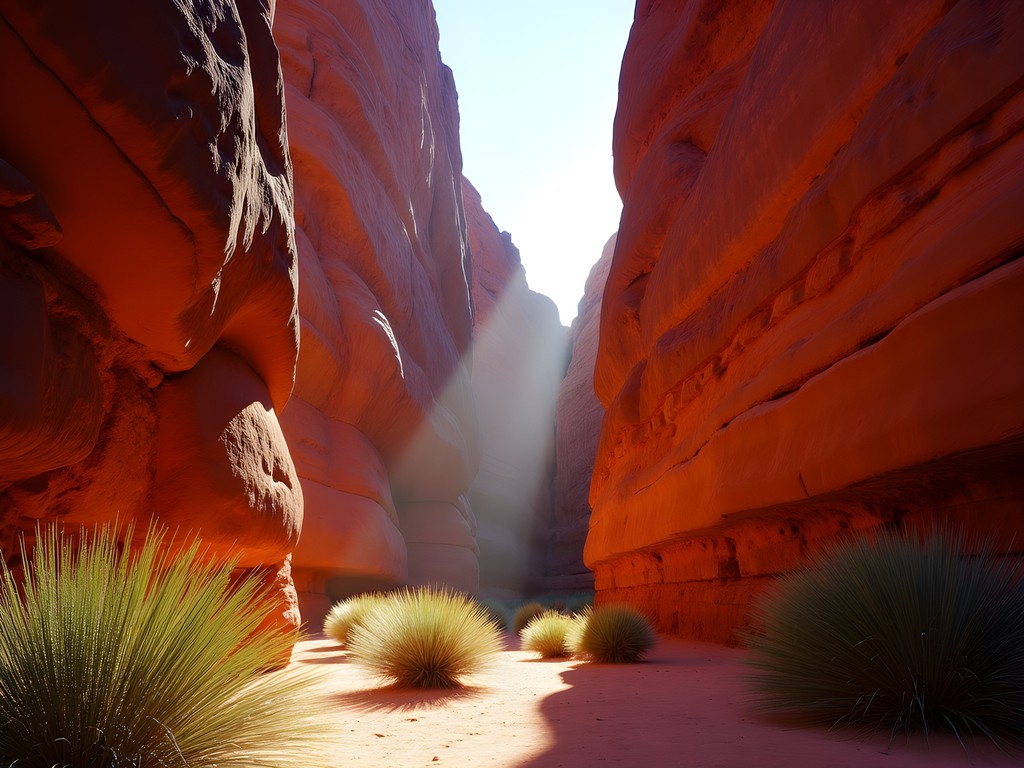 Sunlight illuminating the red walls of Standley Chasm in West MacDonnell Ranges