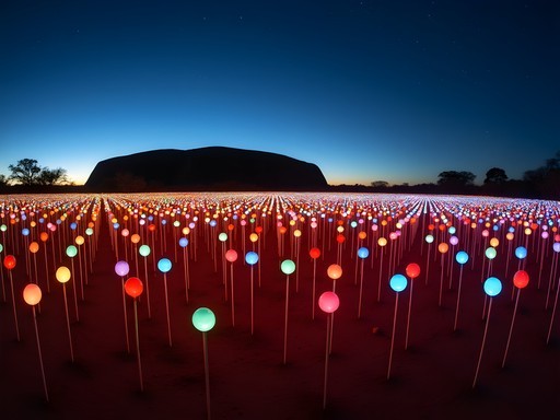 Field of Light art installation with Uluru silhouette at dusk
