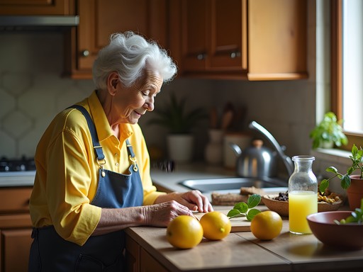 Woman learning traditional limoncello making from local Italian grandmother in small Amalfi Coast kitchen