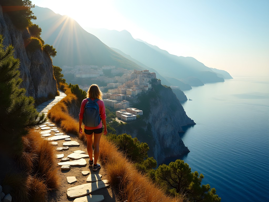 Woman hiking the Path of the Gods trail with dramatic Amalfi Coast views in autumn light