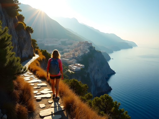 Woman hiking the Path of the Gods trail with dramatic Amalfi Coast views in autumn light