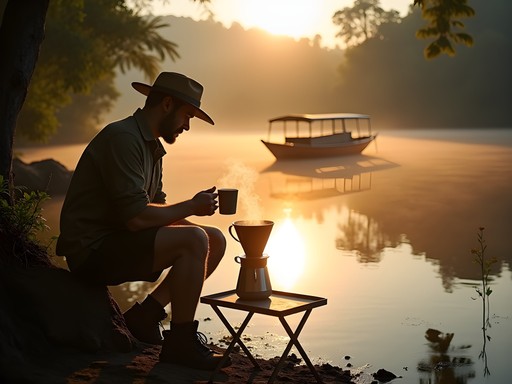 Morning coffee brewing session by the Amazon river