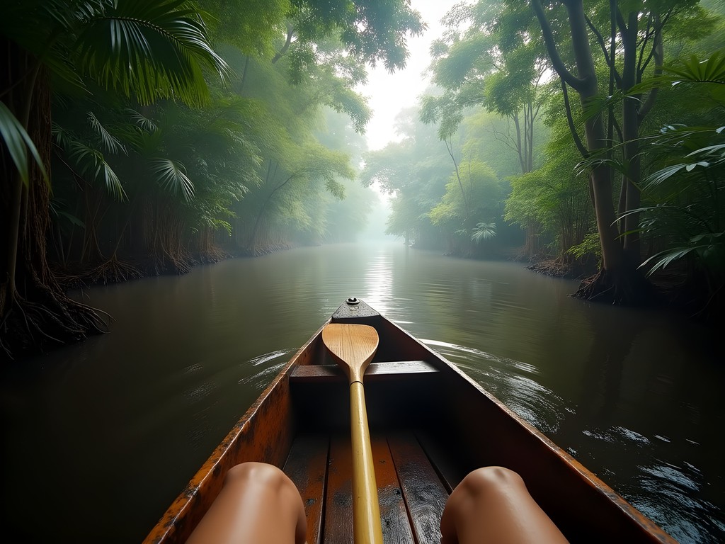 Solo traveler navigating Amazon tributary by small boat