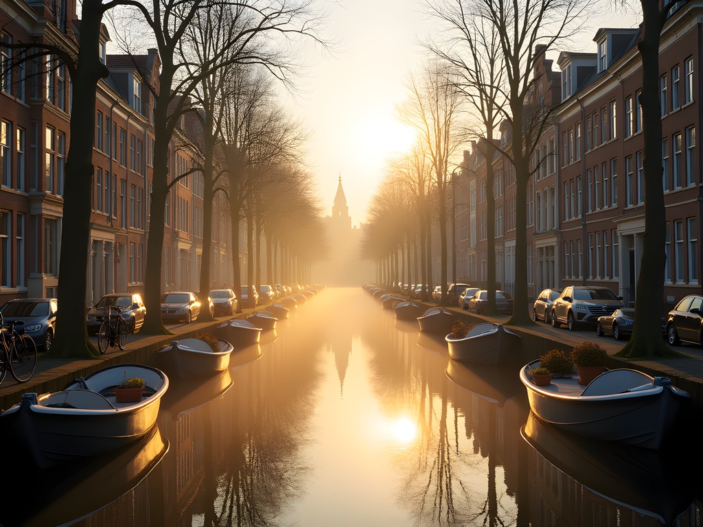 Early morning reflections on Amsterdam canal with bicycles and houseboats