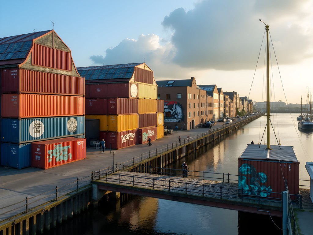 Converted shipping containers and industrial buildings at NDSM Wharf in Amsterdam Noord