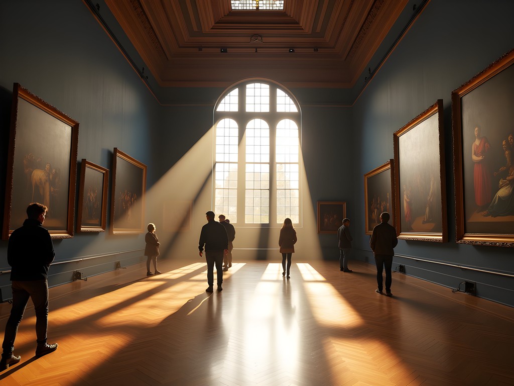 Morning light streaming through Rijksmuseum gallery with Rembrandt paintings