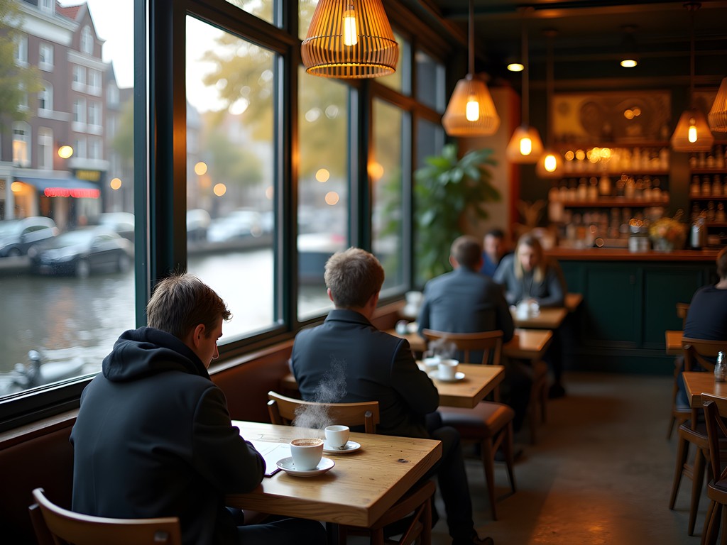 Solo traveler enjoying coffee at canal-side café in Amsterdam