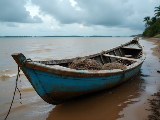 Traditional wooden fishing boat on Guyana's muddy Atlantic coastline