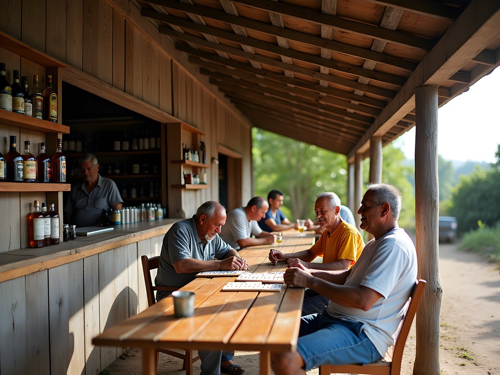 Traditional Guyanese rum shop with locals gathering in Anna Regina