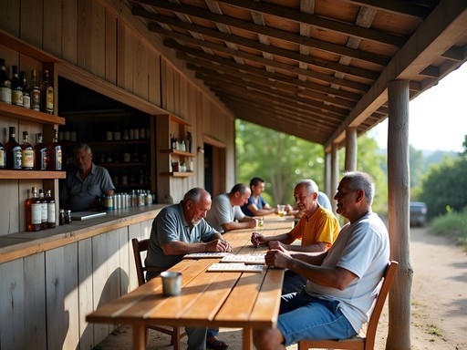 Traditional Guyanese rum shop with locals gathering in Anna Regina