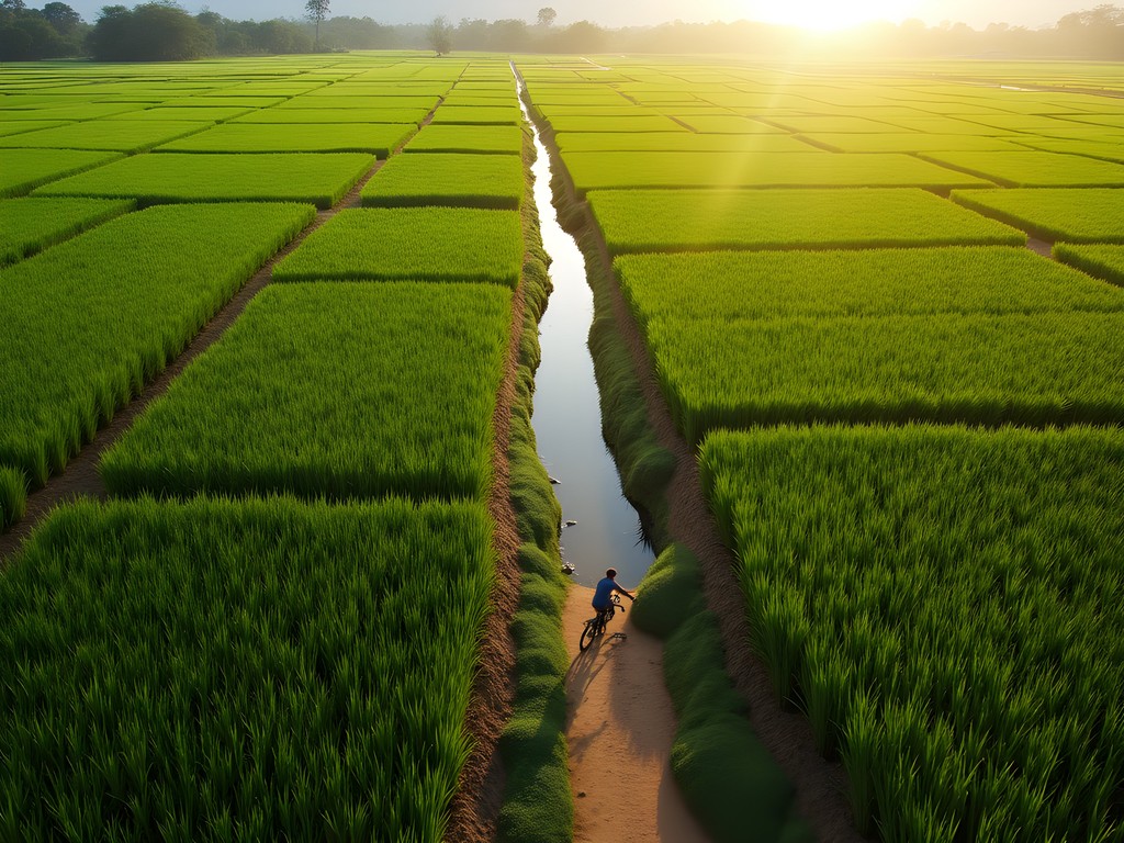 Vast green rice fields with irrigation canals near Anna Regina, Guyana