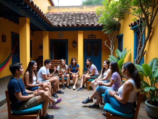 Diverse group of travelers gathered in a hostel courtyard in Antigua sharing travel stories