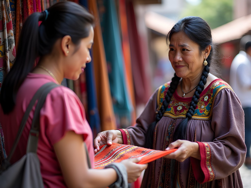 Indigenous Guatemalan woman showing traditional textiles to female traveler at local market in Antigua