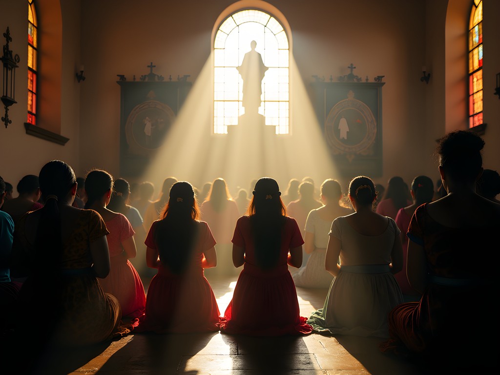 Early morning light streaming through windows at La Merced Church as local Guatemalan women pray