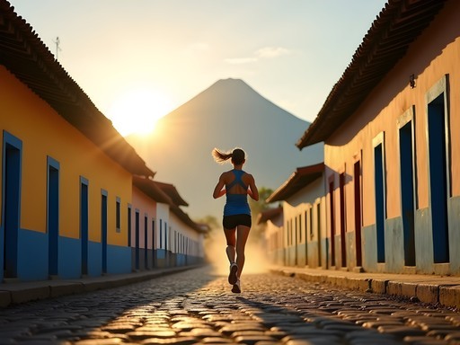 Female runner on morning jog in Antigua with Agua Volcano in background and colonial architecture