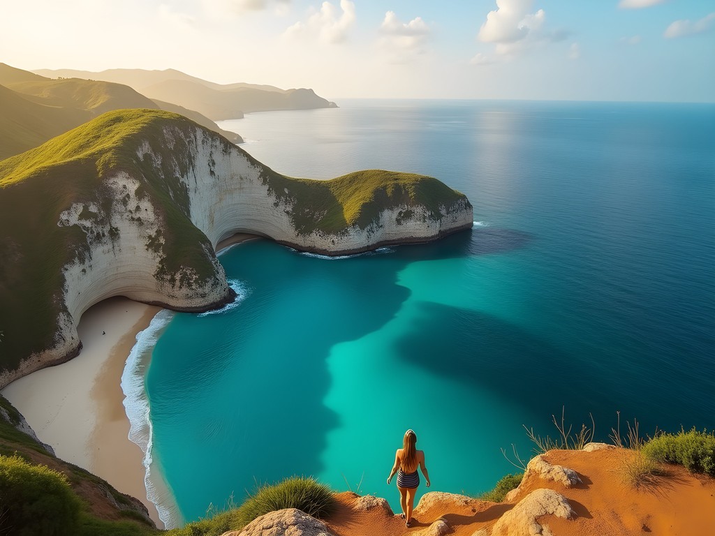 Senior woman enjoying panoramic view of Emerald Sea in Madagascar