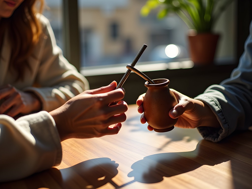 Woman learning traditional mate preparation from locals in Asunción
