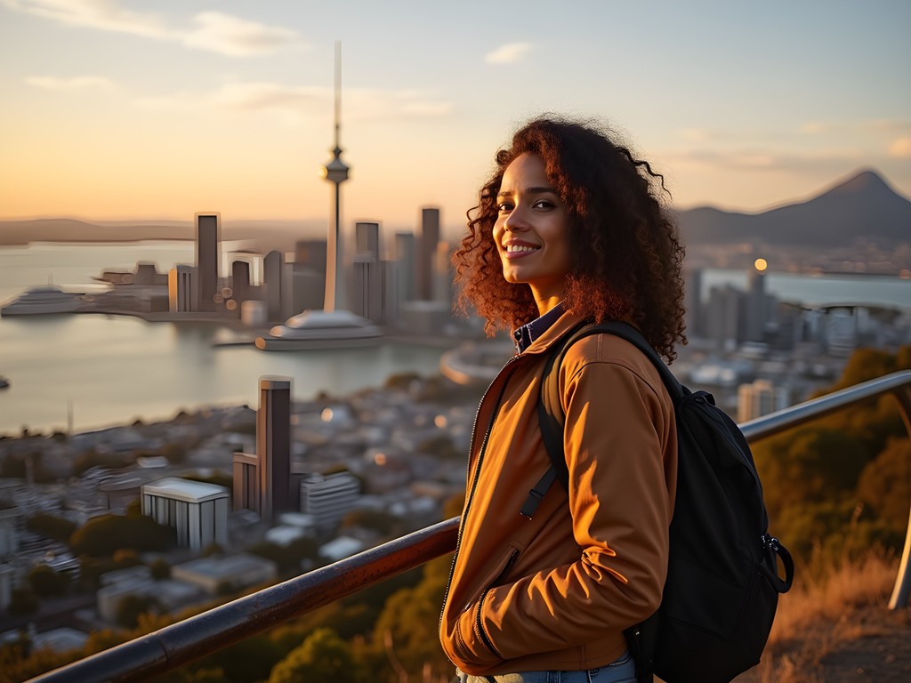Solo traveler overlooking Auckland harbor with Sky Tower in background during golden hour