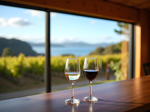 Waiheke Island vineyard tasting room with ocean views and wine glasses