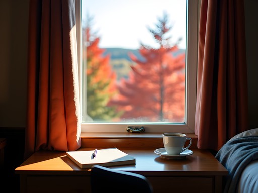 View of autumn foliage from budget accommodation window in Augusta, Maine