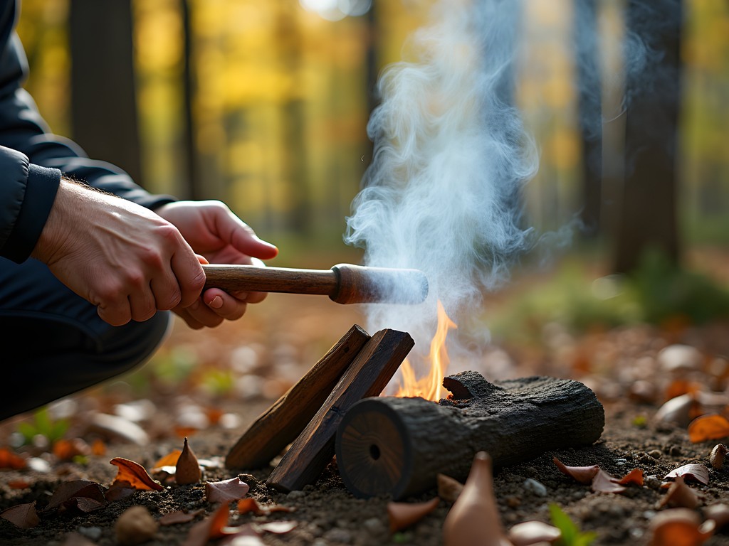 Traditional fire-making demonstration using bow drill method in outdoor workshop near Augusta