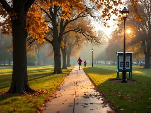 Morning exercise at Phillips Park in Aurora with autumn foliage and safe running paths