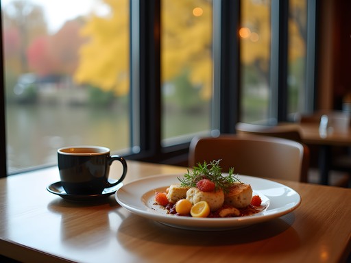 Solo dining experience at a riverside café in Aurora with autumn views