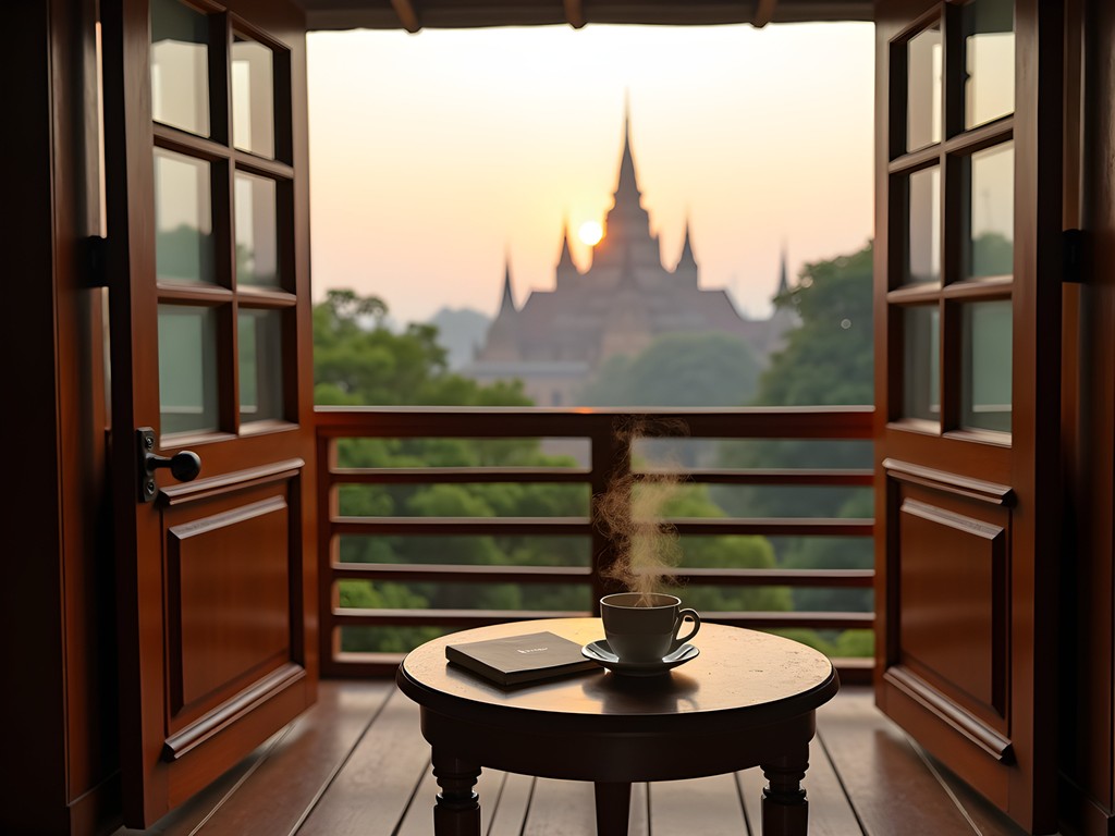 Woman journaling on guesthouse balcony in Ayutthaya with temple view