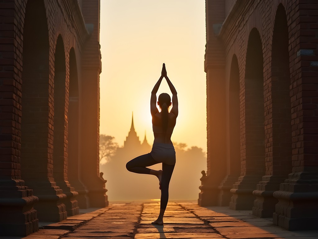 Woman practicing yoga at sunrise among ancient Ayutthaya temple ruins