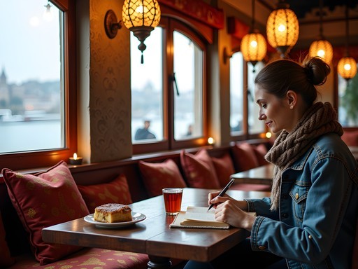 Woman journaling in Istanbul cafe during layover between Thailand and Greece