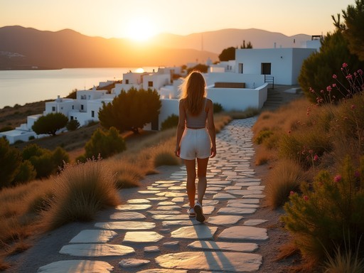 Woman hiking solo on ancient stone path near Lefkes village in Paros at sunset