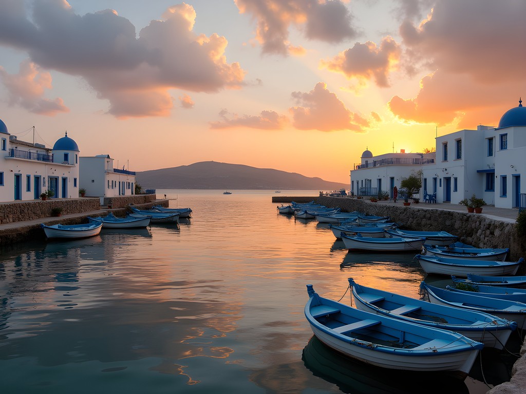 Sunset view of Naoussa harbor in Paros with traditional fishing boats and whitewashed buildings