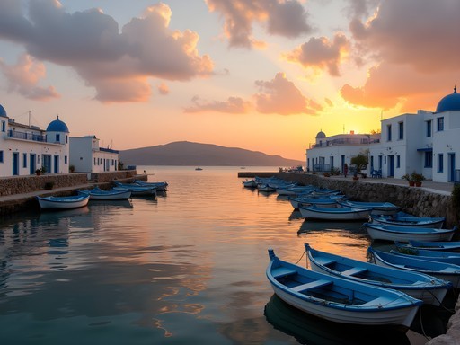 Sunset view of Naoussa harbor in Paros with traditional fishing boats and whitewashed buildings