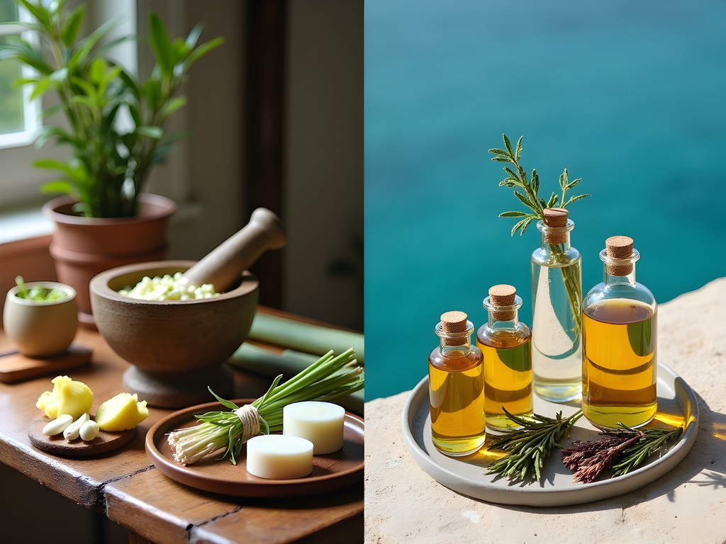 Split image showing Thai herbal compress preparation and Greek olive oil wellness products