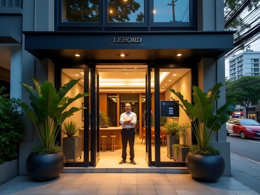Secure entrance of a boutique hotel in Bangkok's Sukhumvit area