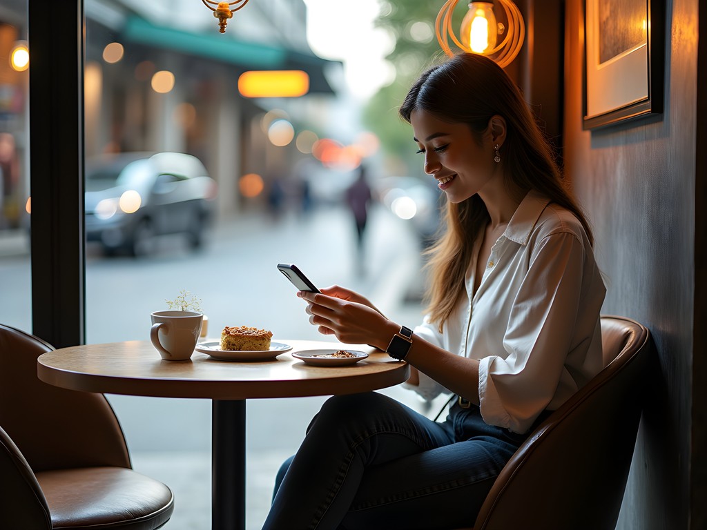 Woman safely using digital devices in a Bangkok café