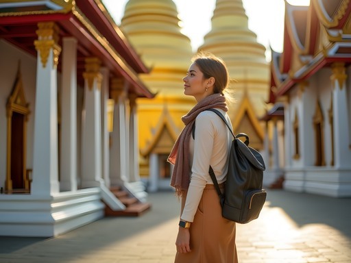 Woman dressed appropriately for visiting Bangkok temples
