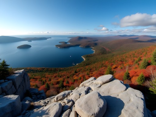 Panoramic view from the Precipice Trail in Acadia National Park showing rocky coastline and Atlantic Ocean