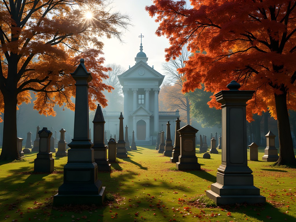 Mt. Hope Cemetery in Bangor during fall with historic tombstones and colorful autumn foliage