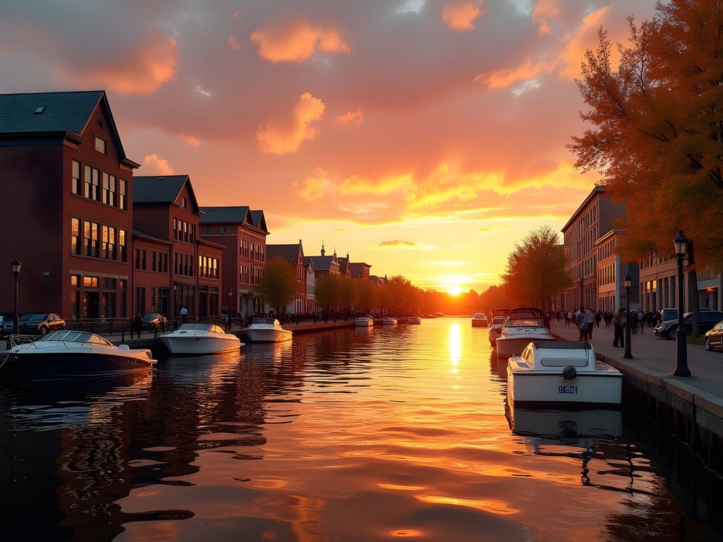 Sunset view of the Penobscot River waterfront in downtown Bangor