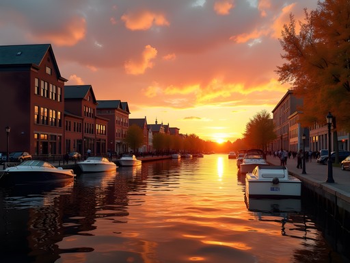 Sunset view of the Penobscot River waterfront in downtown Bangor