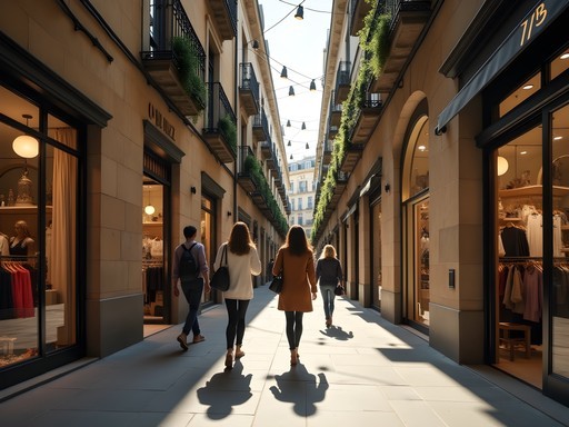 Charming narrow shopping street in El Born district of Barcelona with boutiques and cafes