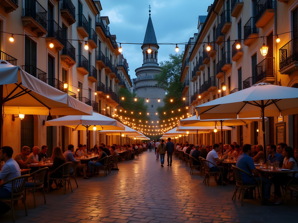 Evening scene at a lively plaza in Gràcia neighborhood with locals enjoying outdoor cafes