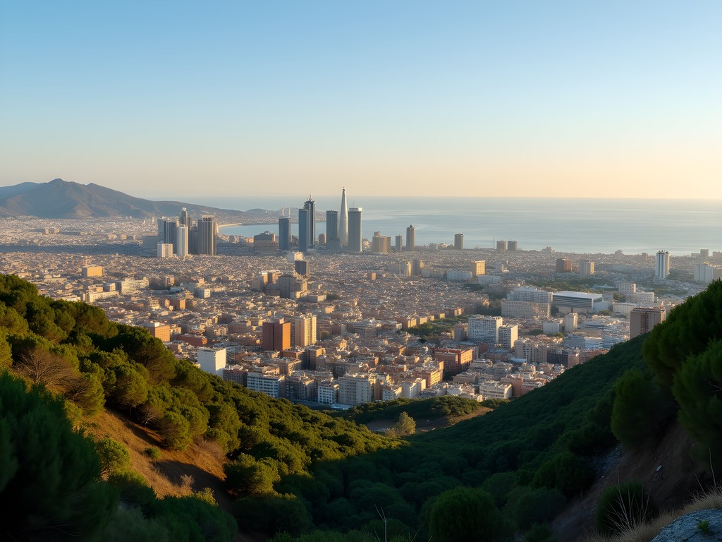 Panoramic view of Barcelona from Montjuïc Hill with city skyline and Mediterranean Sea