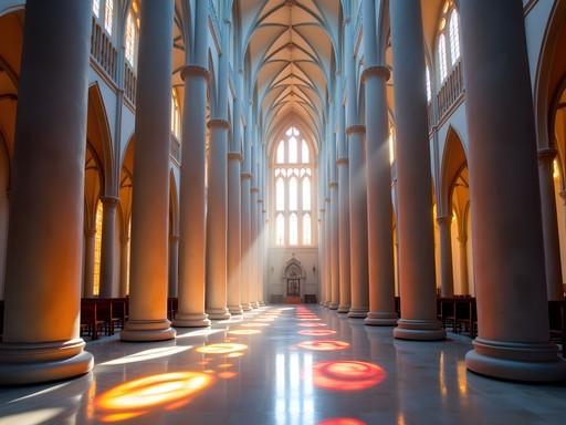 Colorful light streaming through stained glass windows inside Sagrada Familia