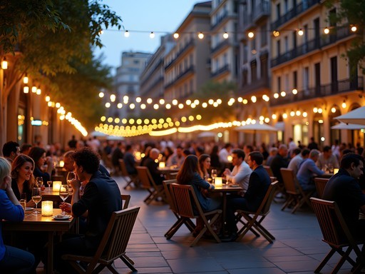 Evening social gathering in a Barcelona plaza with locals and travelers sharing drinks and conversation