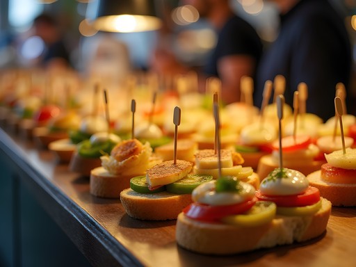 Colorful array of pintxos tapas at a bar counter in Barcelona's Poble Sec neighborhood
