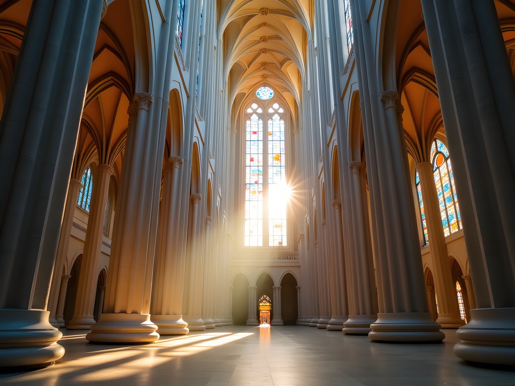 Colorful light streaming through stained glass windows inside La Sagrada Familia