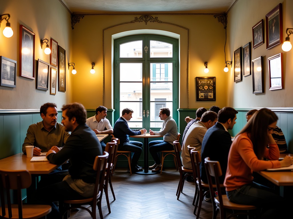 Language exchange meetup in a cozy Grà cia neighborhood café in Barcelona